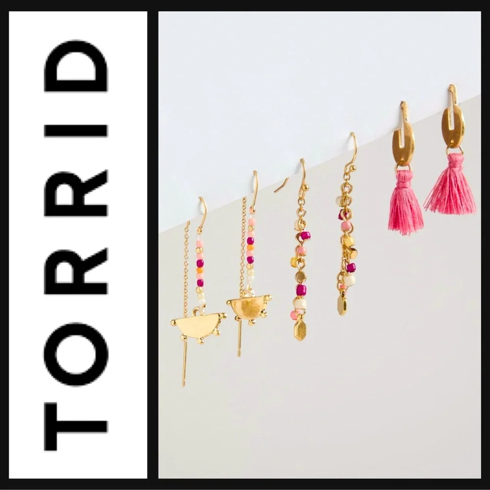 Torrid Shakey Tassel Linear Earring Set 3 PAIRS gold & pink colors Sherbet